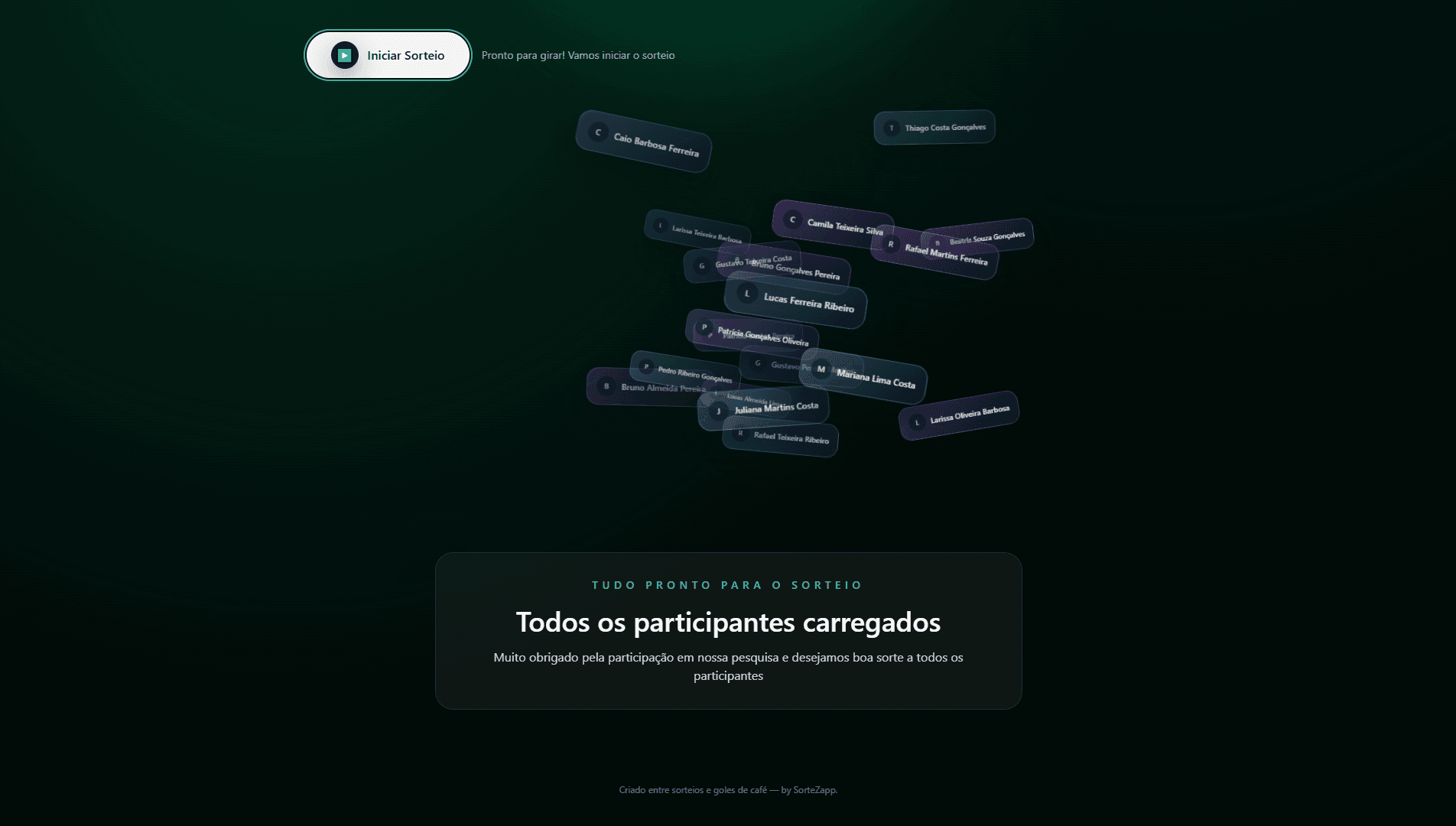 Tela do sorteio com todos os participantes carregados